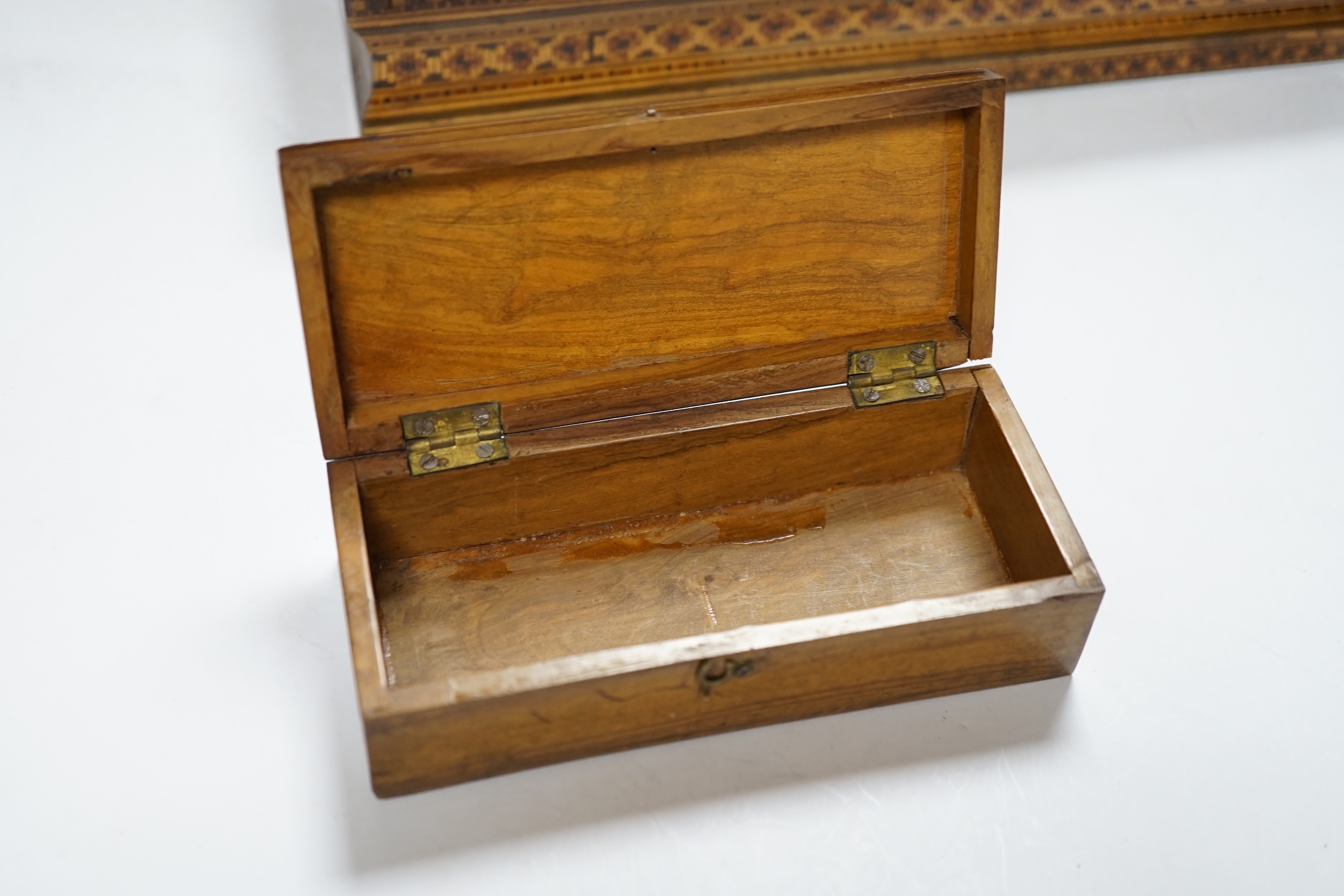 A George III domed box and two Sorrento ware boxes, largest 28cm